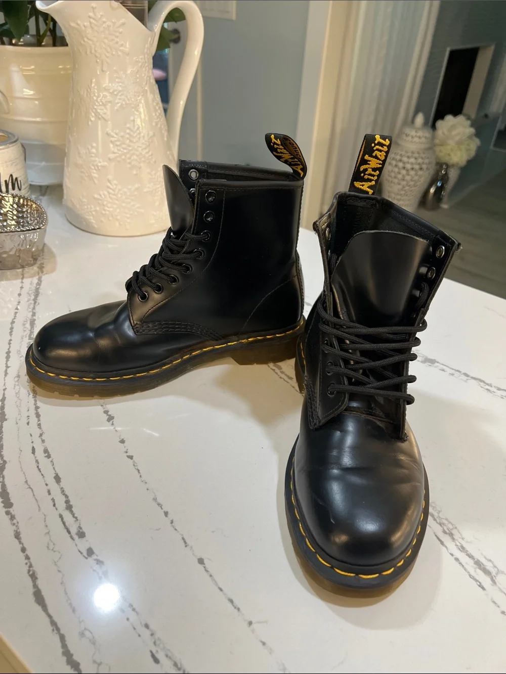 Dr. Martens 1460 Black Leather 8-Eye Lace-Up Boots with Yellow Stitching